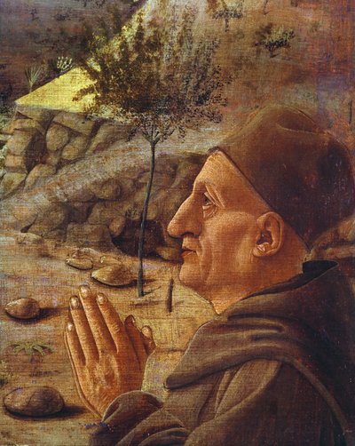 (dettaglio) Testa del patrono in La Crocifissione da Giovanni Bellini
